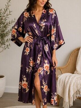 Morgan Taylor Purple Embroidered Floral Robe Kimono S/M